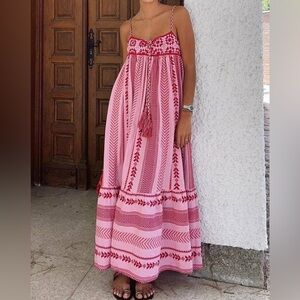Pink Embroidered Maxi Dress with Tassel Tie